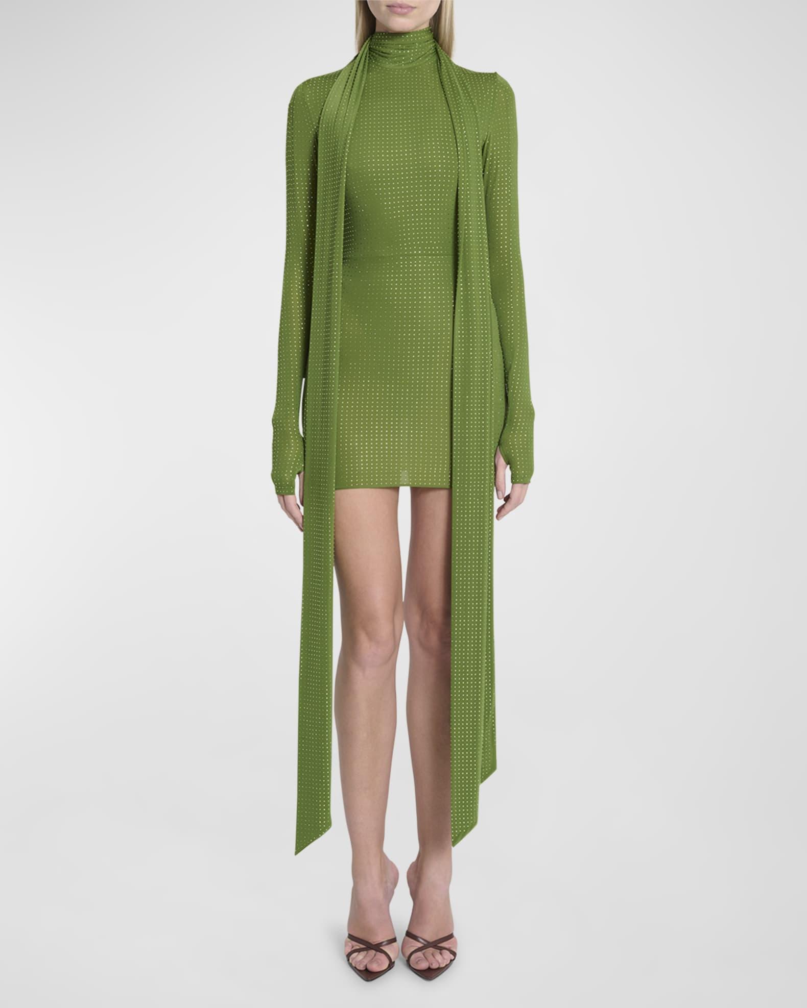 Crystal Embellished Long-Sleeve Scarf-Neck Mini Dress Product Image