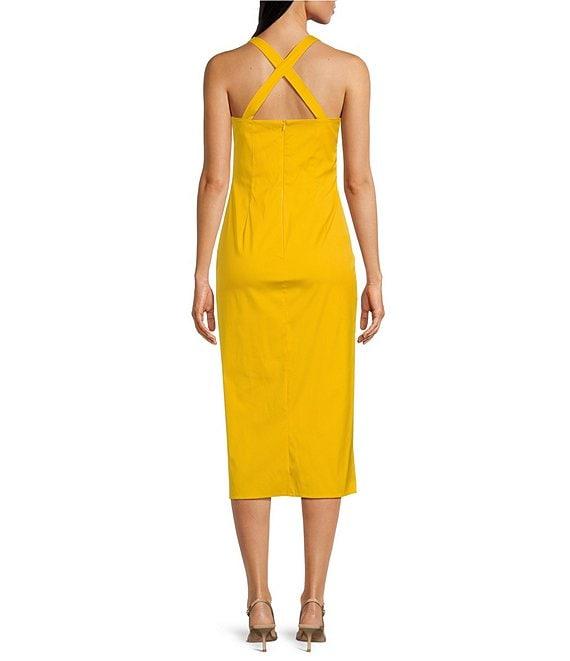 Marella Elegia Stretch Poplin Round Halter Neck Sleeveless Side Pleat Detail Midi Sheath Dress Product Image