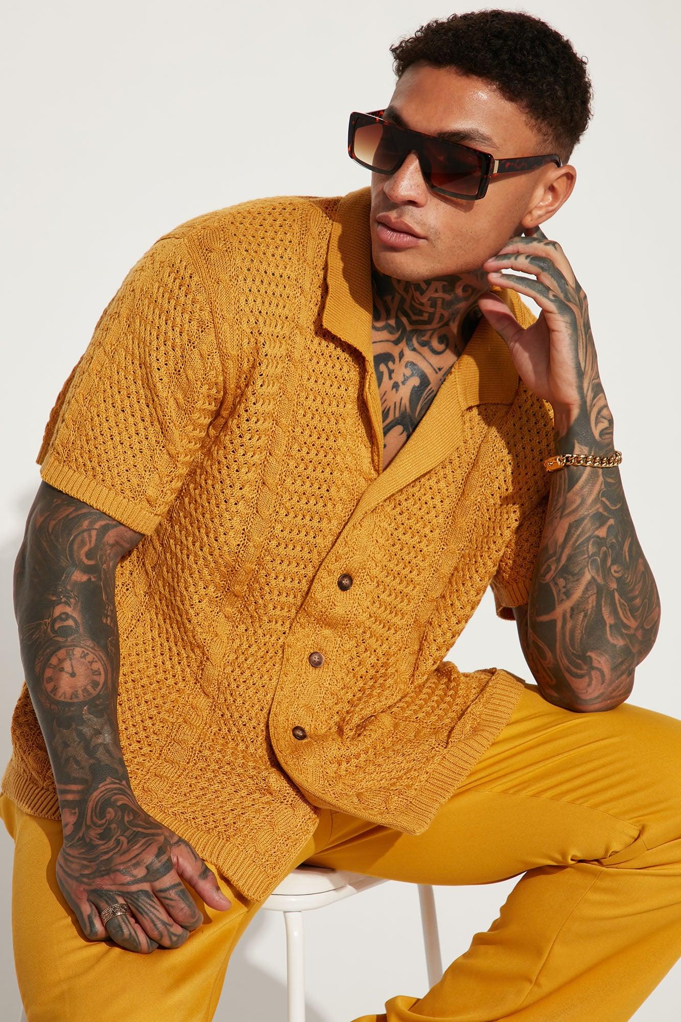 Unwind Cable Knit Short Sleeve Button Up - Mustard Product Image