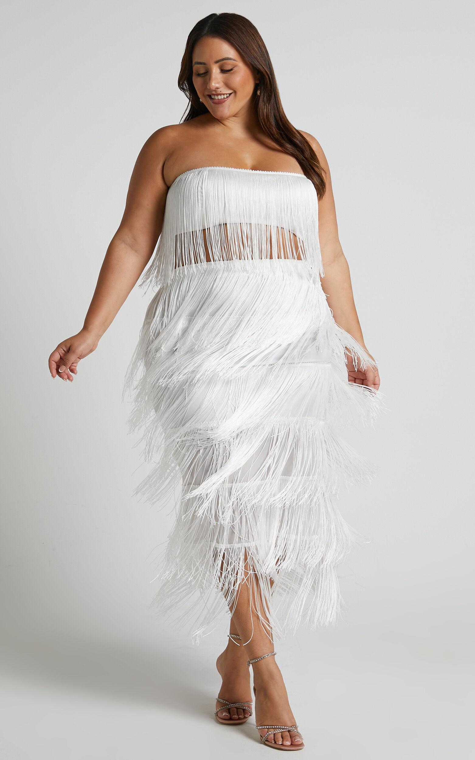 Amalee Two Piece Set - Fringe Strapless Crop Top and Midi Skirt Set in White Product Image