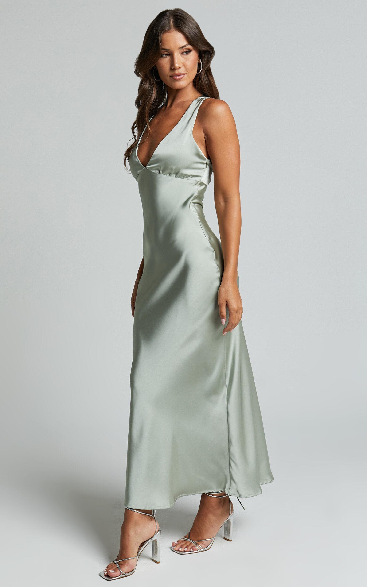 Khalani Midi Dress - Deep V Neck Satin Slip Dress in Sage Product Image