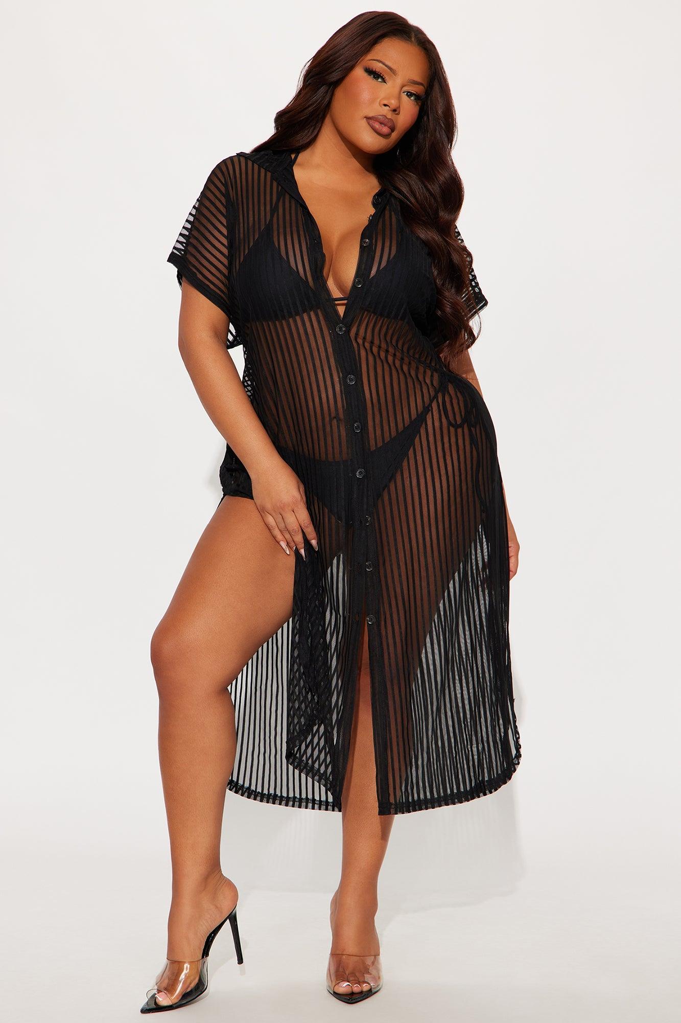 Palm Shade Stripe Midi Button Up Cover Up - Black Product Image