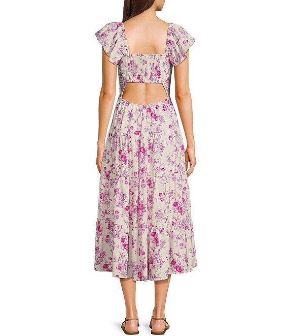 TCEC Flutter Sleeve Floral Printed Back Cutout Linen Blend Midi Dress Product Image