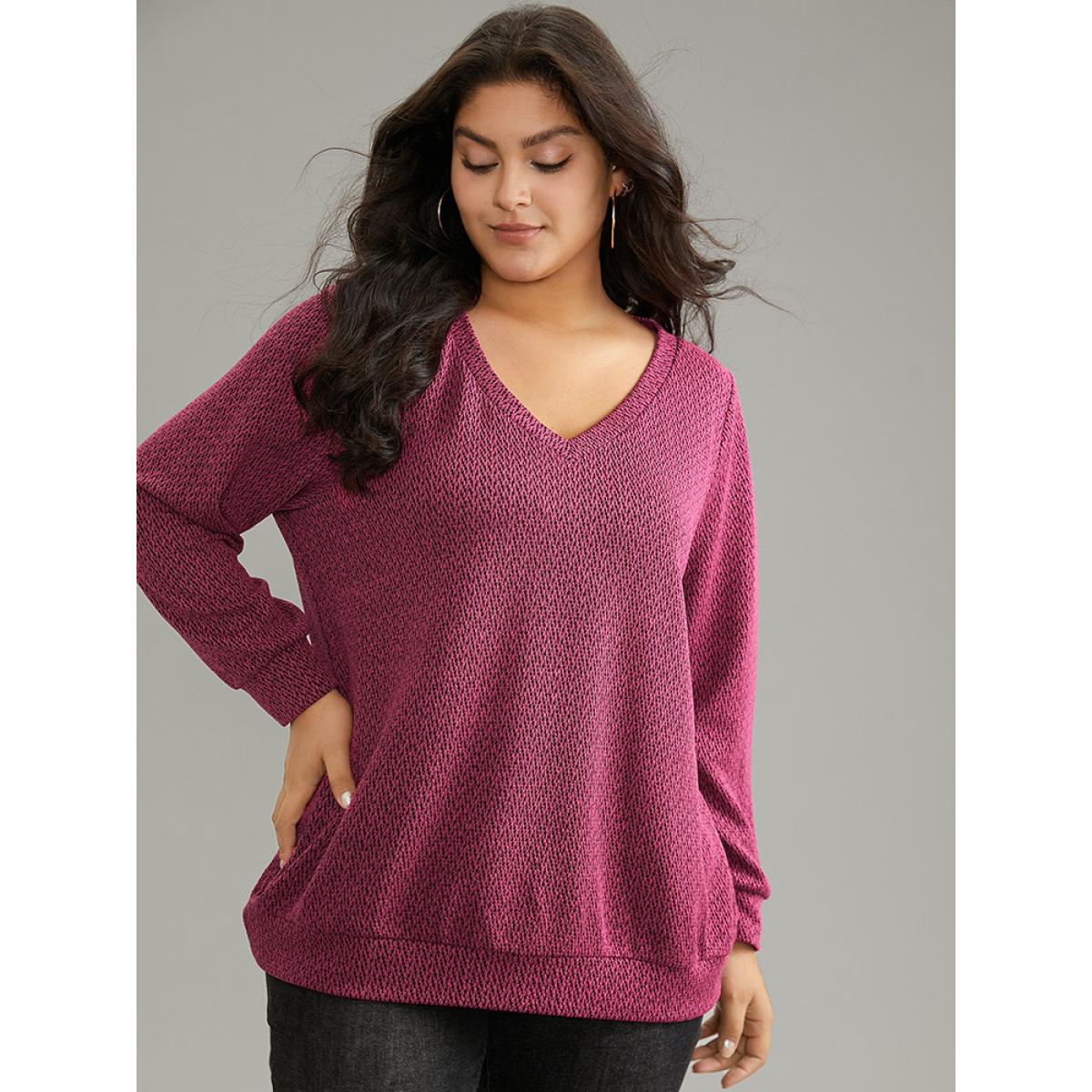 Plus Size Solid Plisse Elastic Cuffs V Neck Sweatshirt Women RedViolet Casual Texture V-neck Dailywear Sweatshirts BloomChic 30/6X Product Image