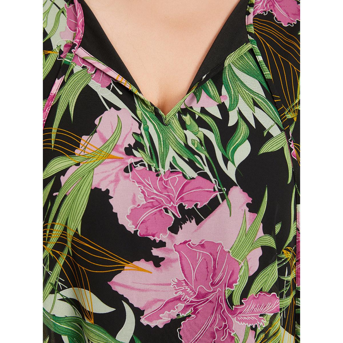 Plus Size Multicolor Floral Ties Batwing Sleeve Hanky Hem Layered Blouse Women Glamour Elbow-length sleeve Tie Neck Going out Blouses BloomChic 10/M Product Image