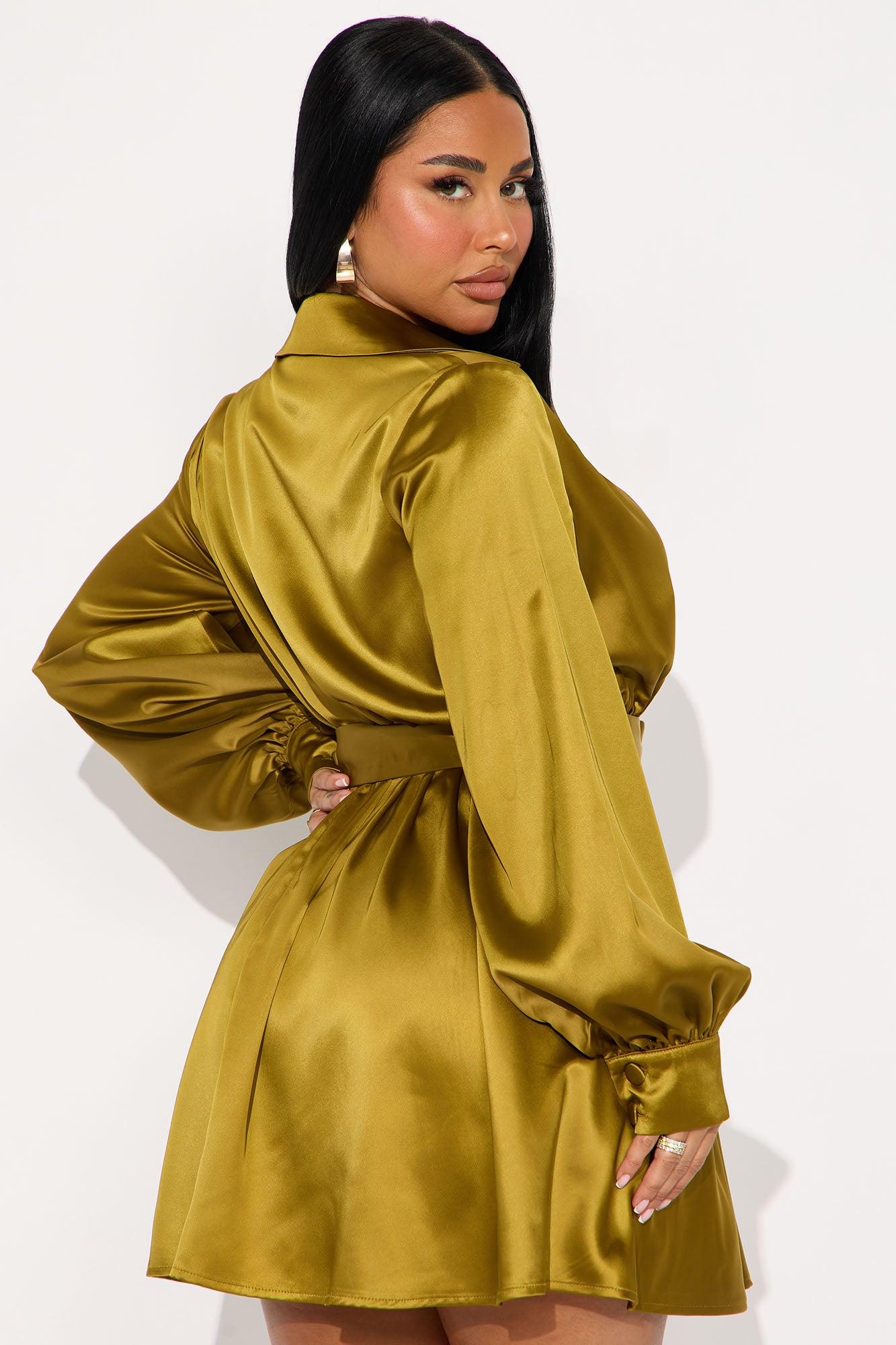 Mariana Satin Long Sleeve Mini Dress - Olive Female Product Image