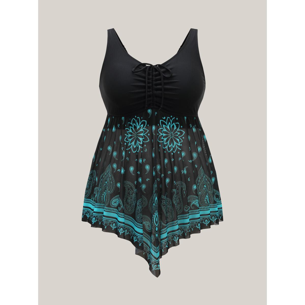 Plus Size Paisley Print Handkerchief Hem Drawstring Swim Top Women's Swimwear Black Resort High stretch Bodycon U-neck Curve Swim Tops BloomChic 28/5X Product Image