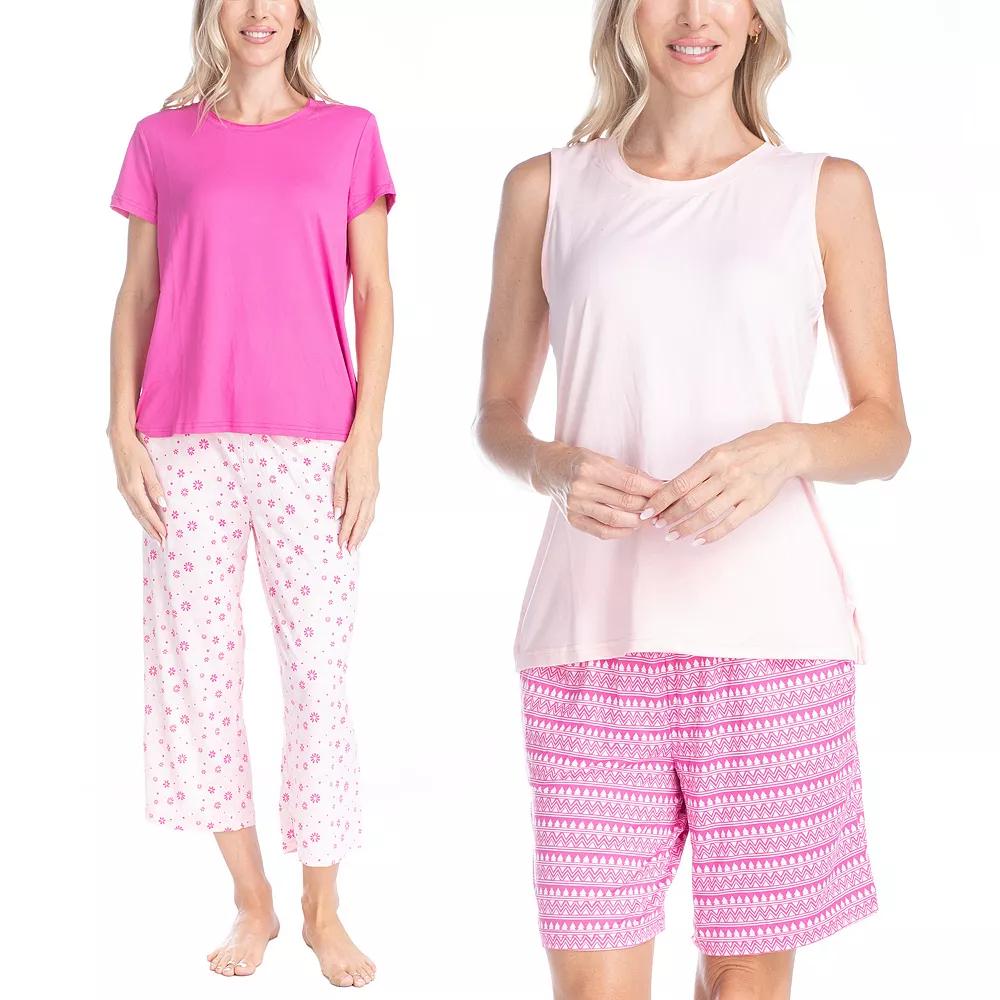MUK LUKS All Mixed Up 4-pc. Pajama Top & Pajama Bottoms Set in Petite and Plus Size, Women's, Size: 1XL, Pinky Daisy Stripe Product Image