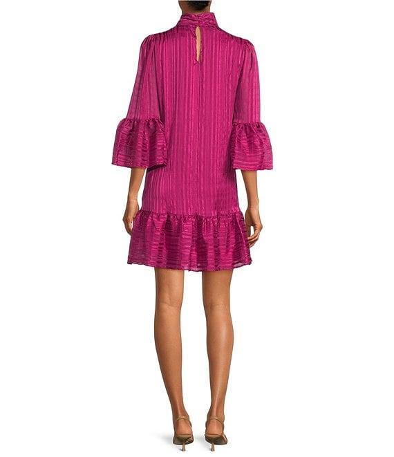 Calvin Klein 3/4 Bell Sleeve Mock Tie Neck Tiered Skirt Chiffon Shift Dress Product Image