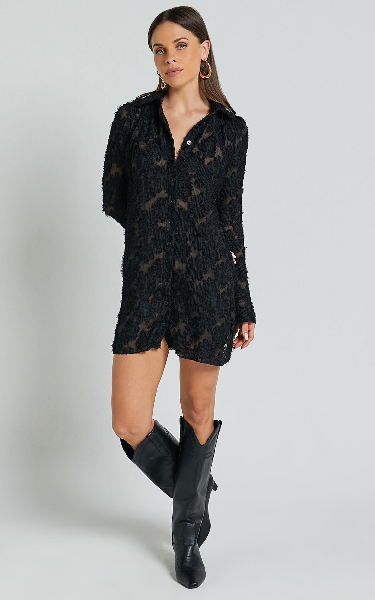 Ava Mini Dress - Long Sleeve Fitted Clipped Jacquard Dress in Black Product Image