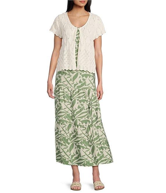 I.N. San Francisco Pointelle Scallop Edge Round Neck Short Sleeve Tie Front Sweater Product Image