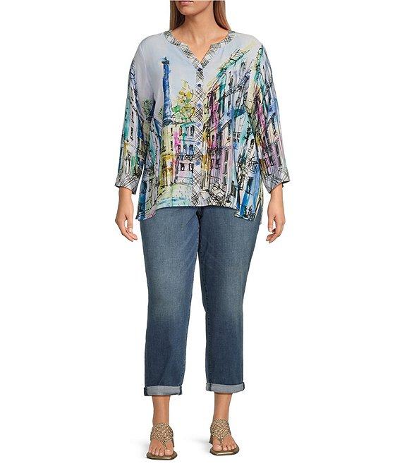 Ali Miles Plus Size Woven Printed Mandarin Collar 3/4 Adjustable Sleeve Hi-Low Hem Tunic Product Image