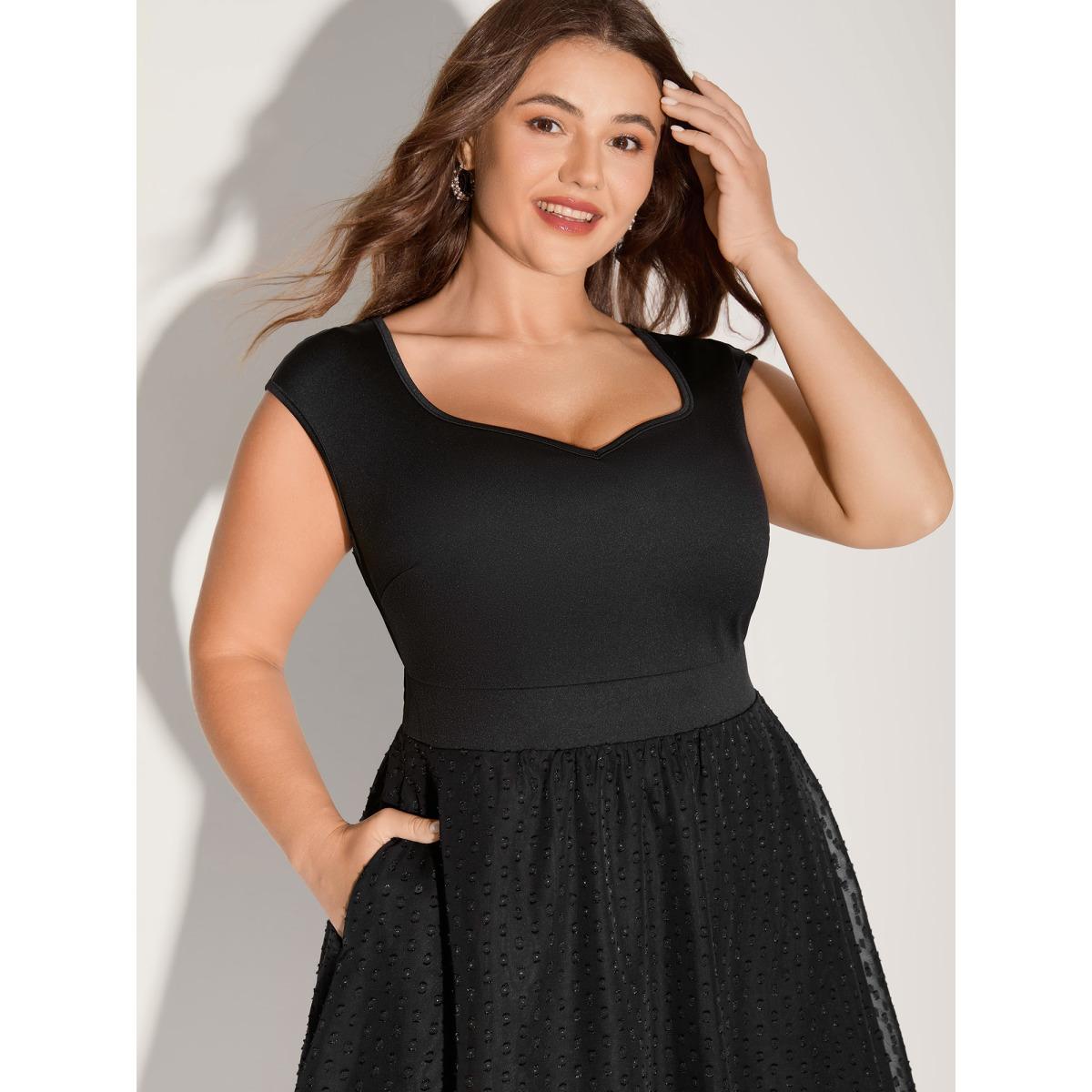 Plus Size Textured Sweetheart Neckline Midi Dress Black Women Texture Heart neckline Cap Sleeve Curvy BloomChic 22-24/3X Product Image