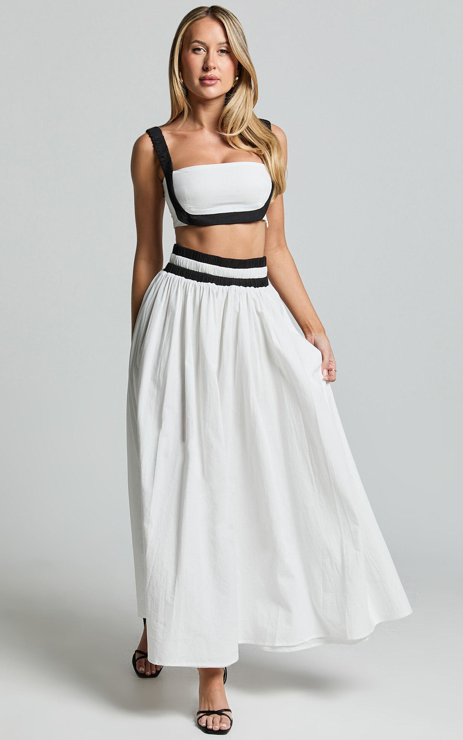 Sapphire Two Piece Set - Contrast Band Crop Top and A Line Maxi Skirt in White & Black Product Image