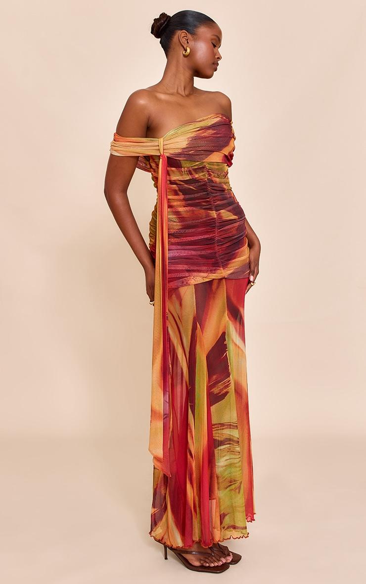 Burnt Orange Abstract Print Lined Mesh Bardot Maxi Dress Product Image