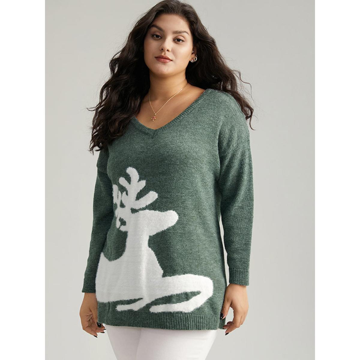 Plus Size Anti-Pilling Elk Print Drop Shoulder Pullover DarkGreen Women Casual Loose Long Sleeve V-neck Festival-Christmas Pullovers BloomChic 12/L Product Image