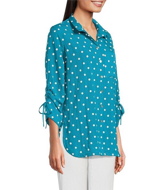 John Mark Embroidered Polka Dot Cinch Tie Sleeve Button Front Tunic Product Image