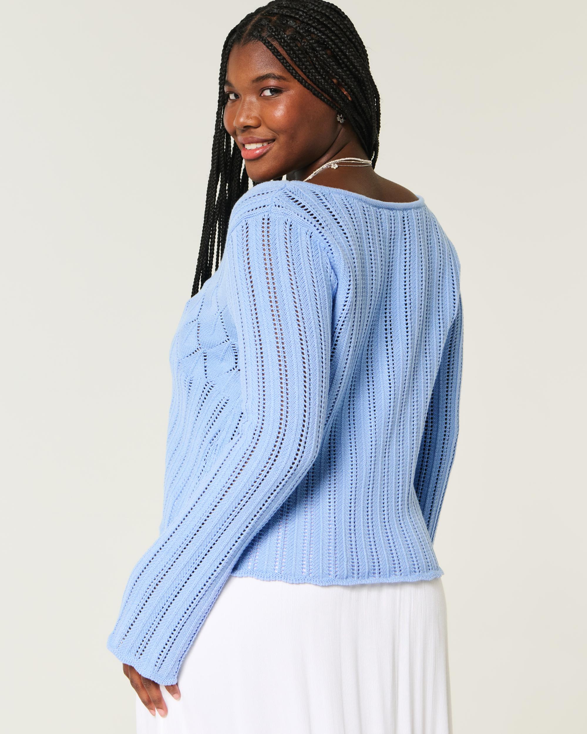 Crochet-Style Tie-Front Textured Sweater Product Image