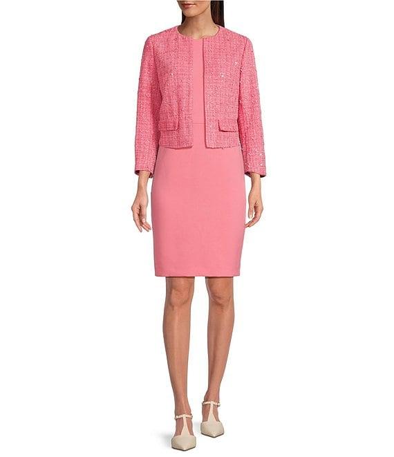 Anne Klein Sequin Tweed Round Neck Kissing Open Front Long Sleeve Jacket Product Image