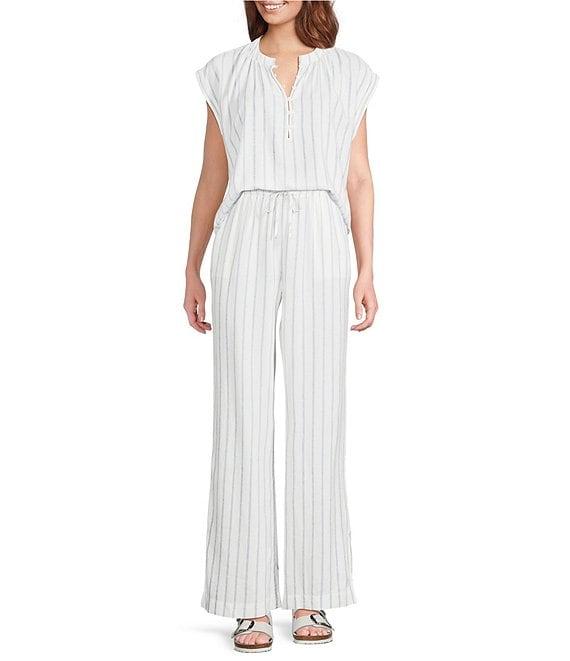 Cloth & Stone Linen Blend High Rise Wide Leg Front Drawstring Stripe Crop Coordinating Pants Product Image