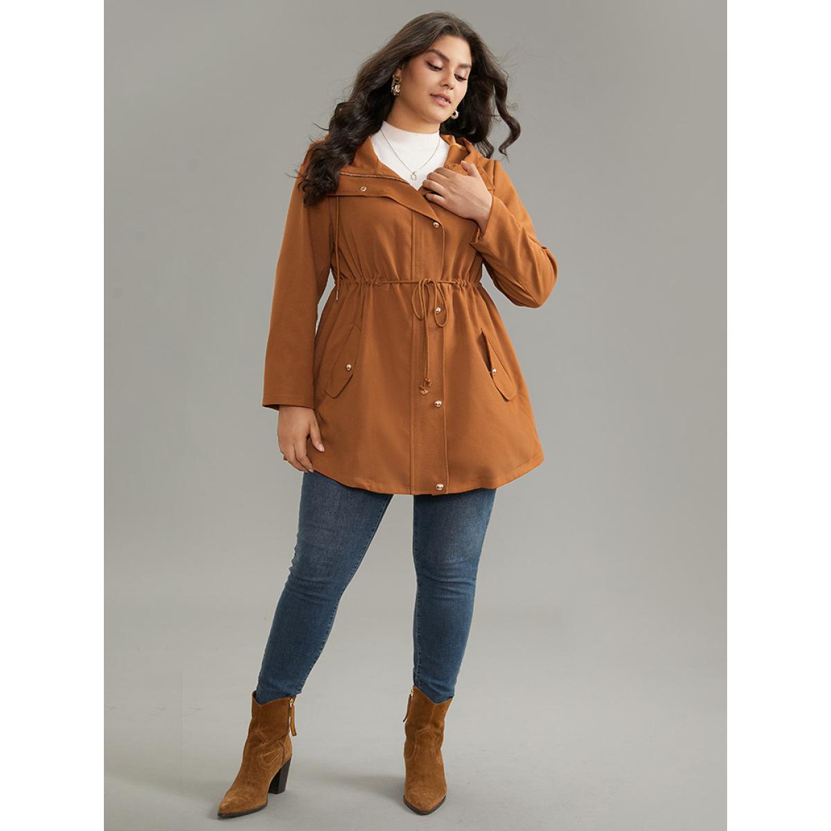 Plus Size Plain Drawstring Button Through Zipper Coat Women Yellow Casual Lined Ladies Dailywear Winter Coats BloomChic 14-16/1X Product Image