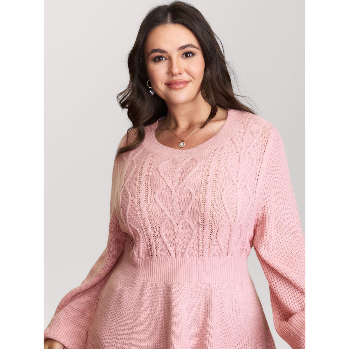 Plus Size Textured Cable-Knit Waist Cinched Pullover Nudepink Women Romantic Bodycon Long Sleeve Round Neck Elegant Pullovers BloomChic 26/4X Product Image