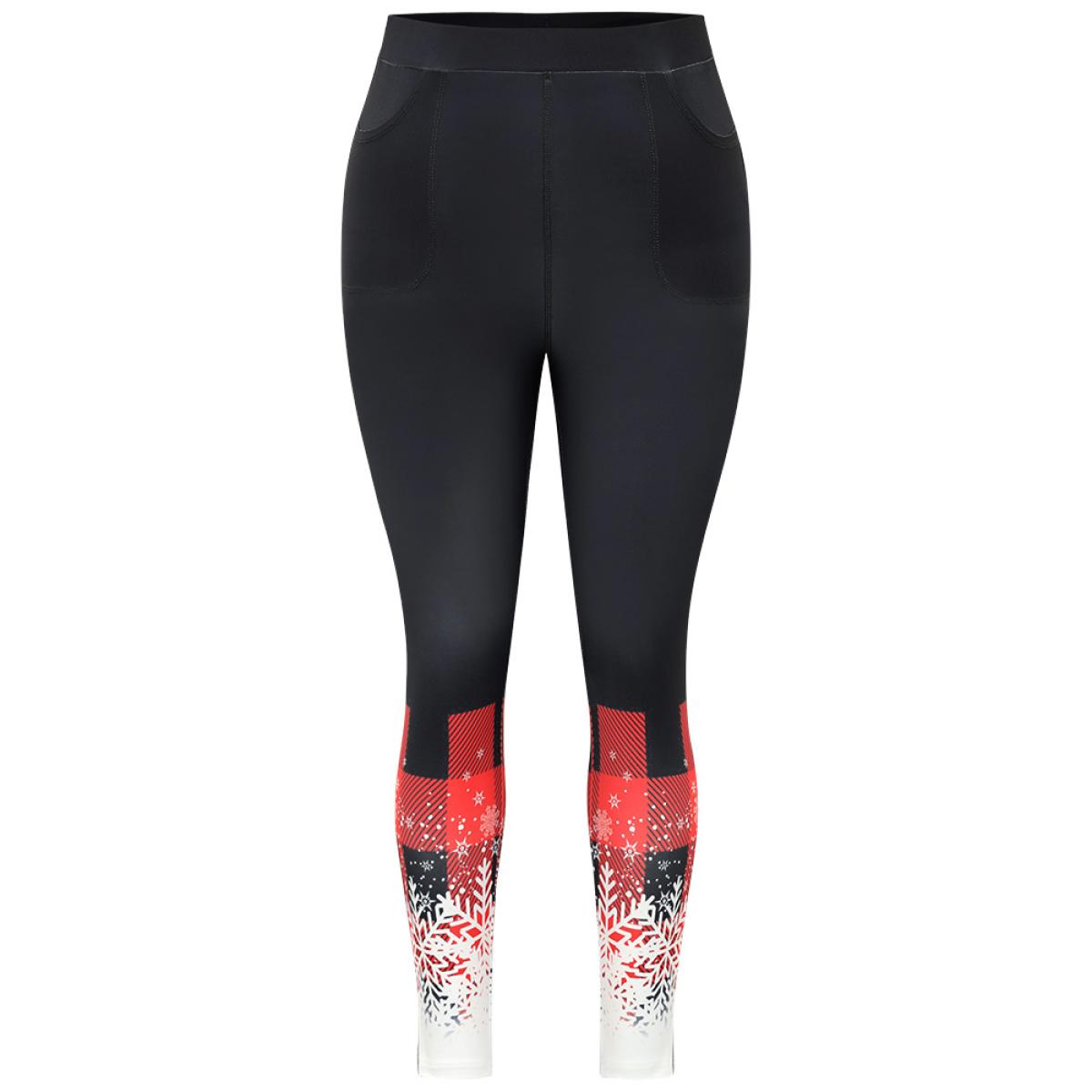 Plus Size Snowflakes Plaid Pocket Skinny Leggings Women Black Elegant High stretch Skinny High Rise Festival-Christmas Leggings BloomChic 14-16/1X Product Image