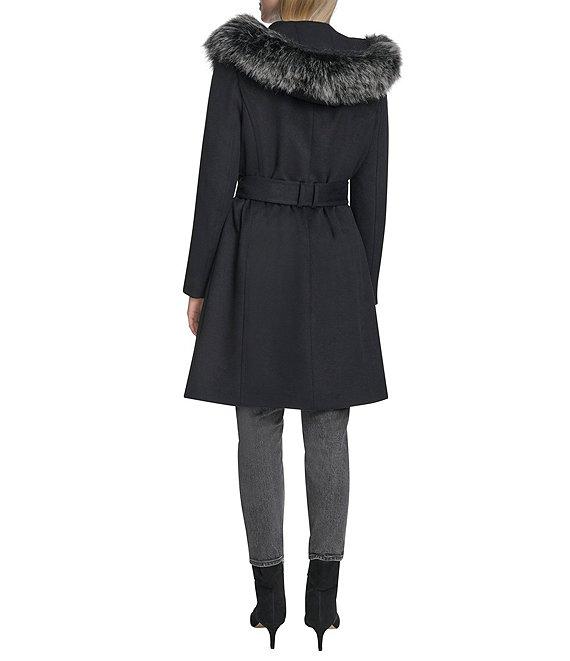 Cole Haan Wool Blend Faux Fur Trim Belted Wrap Coat Product Image