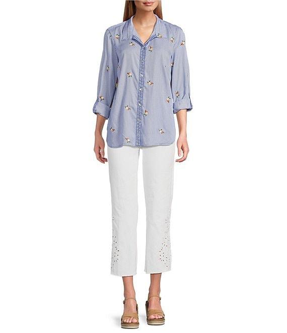 John Mark Embroidered Yarn-Dye Stripe Wire Collar Long Roll-Tab Sleeve Button Front Shirt Product Image