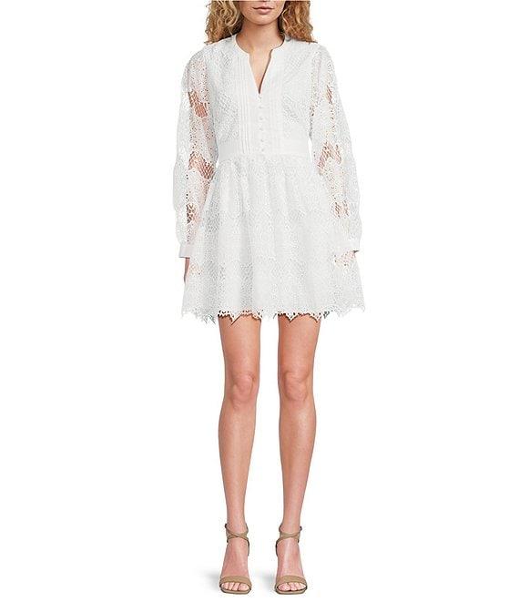 Layered With Love Paris Crew Neck Long Sleeve Scallop Hem Lace Fit & Flare Mini Dress Product Image