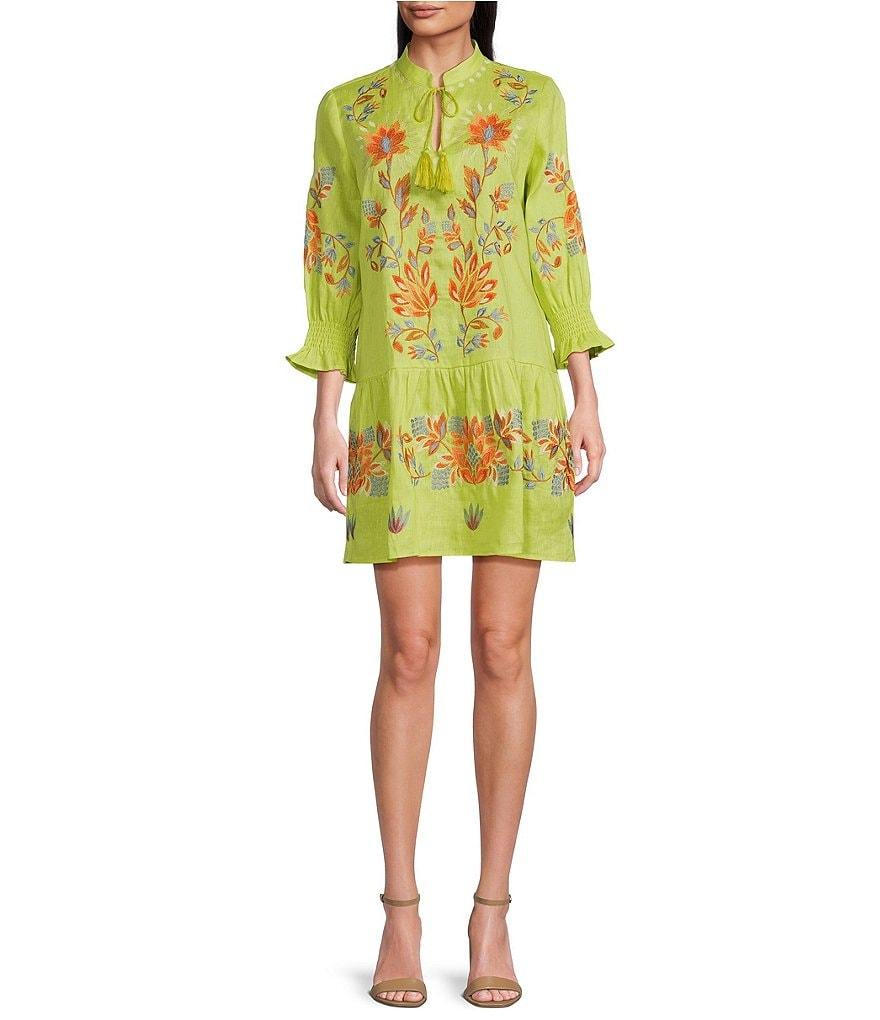 tyler boe Niki Floral Embroidered Split V-Neck 3/4 Sleeve Drop Waist Dress Product Image