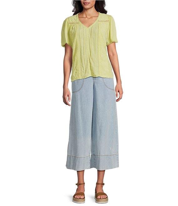 Nurture Crinkle Woven Embroidered Short Sleeve V-Neck Top Product Image