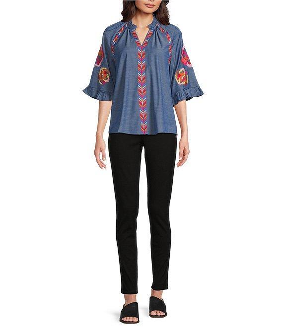 Calessa Petite Size Burnout Round Neck Long Sleeve Stretch Knit top Product Image