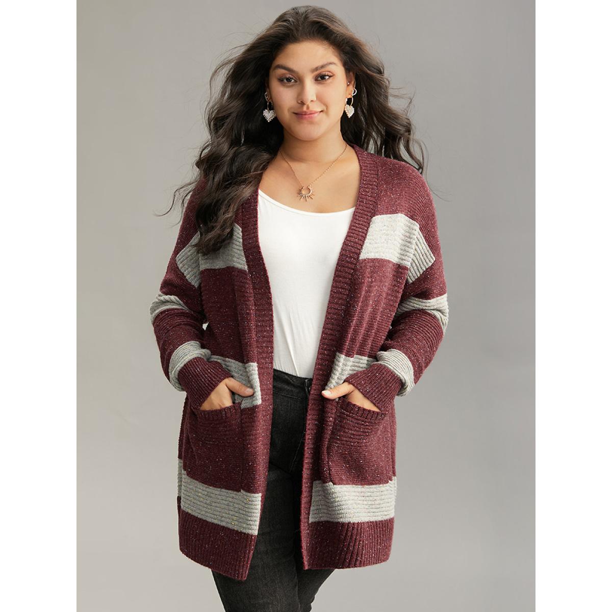 Plus Size Colorblock Patched Pocket Open Front Cardigan Burgundy Women Casual Loose Long Sleeve Dailywear Cardigans BloomChic 14-16/1X Product Image