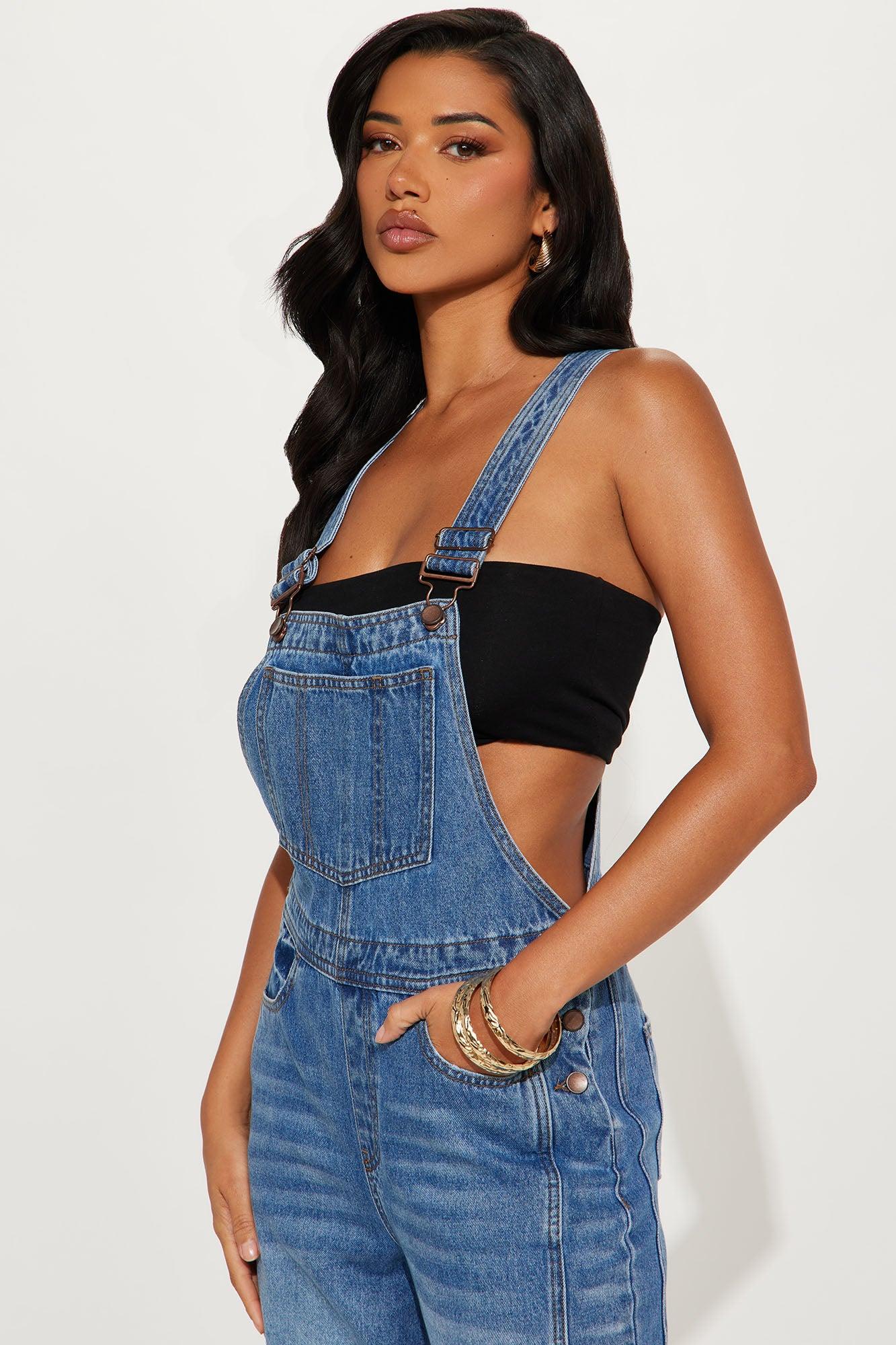 Jaxen Barrel Leg Denim Overalls - Medium Wash Product Image