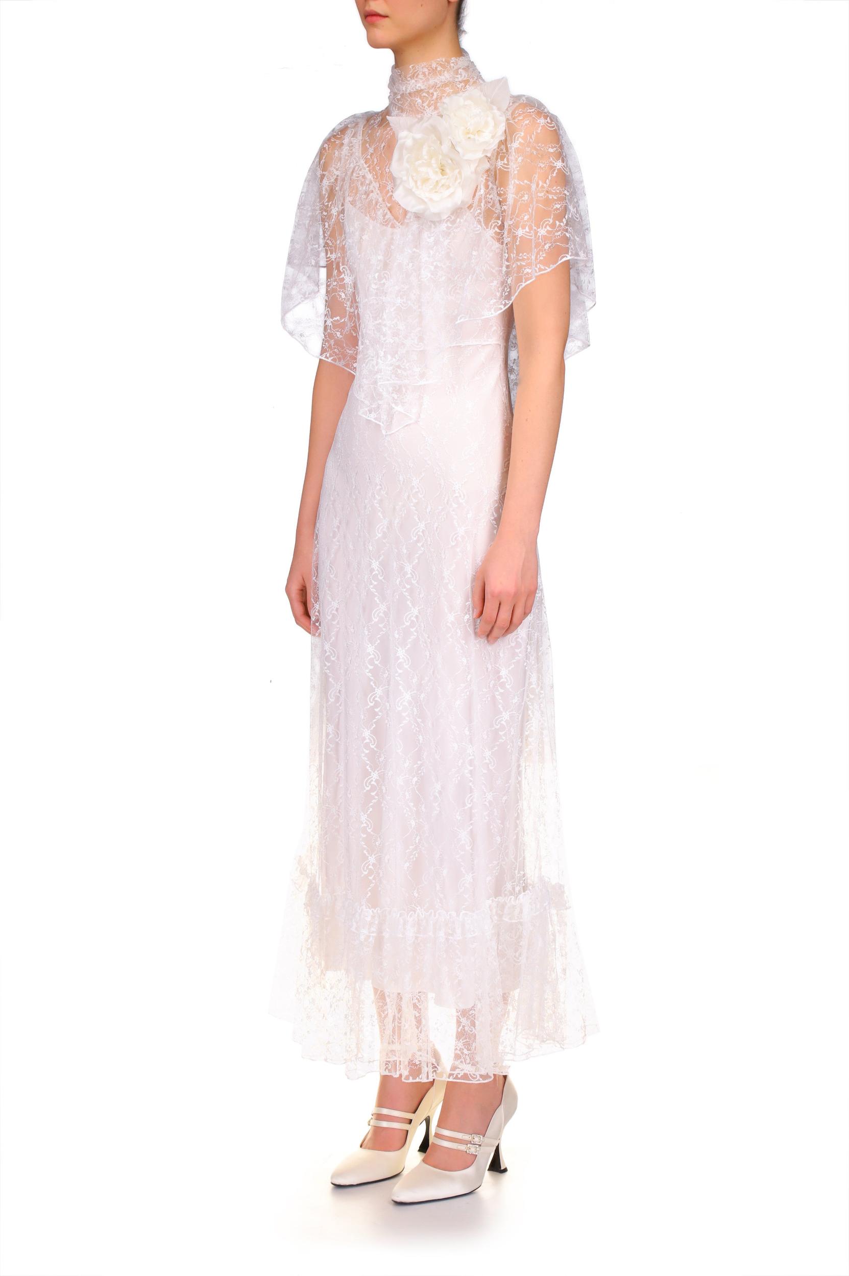White Floral Lace And Silk Dress Product Image