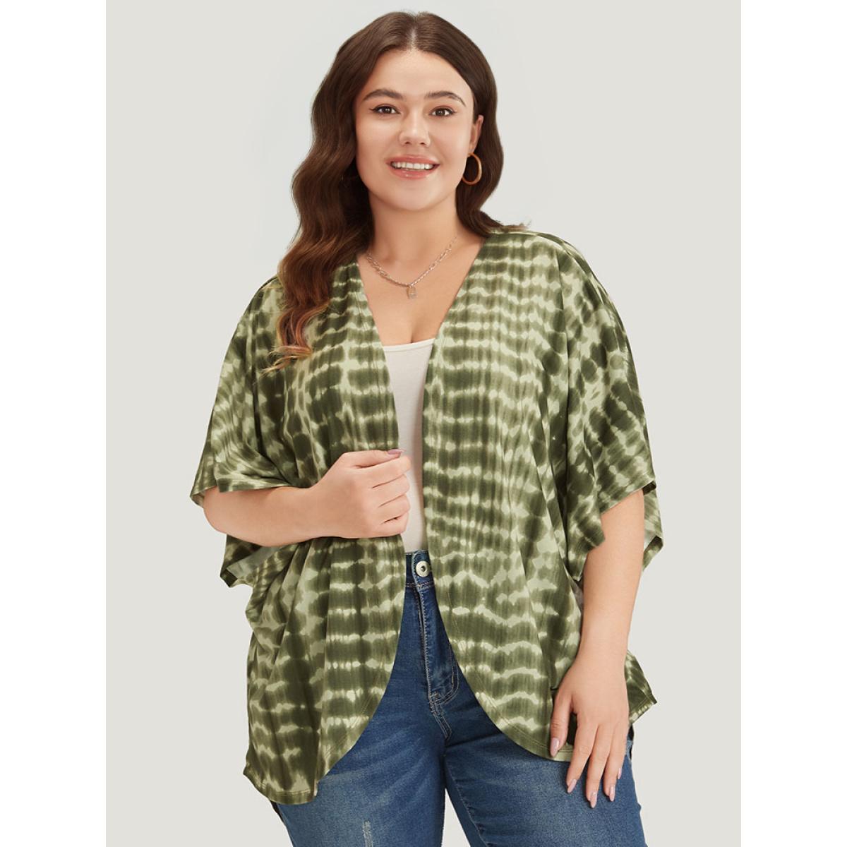 Plus Size Tie Dye Ruffle Sleeve Asymmetrical Hem Kimono Women ArmyGreen Casual Tie Dye Loose Dailywear Kimonos BloomChic 28/5X Product Image