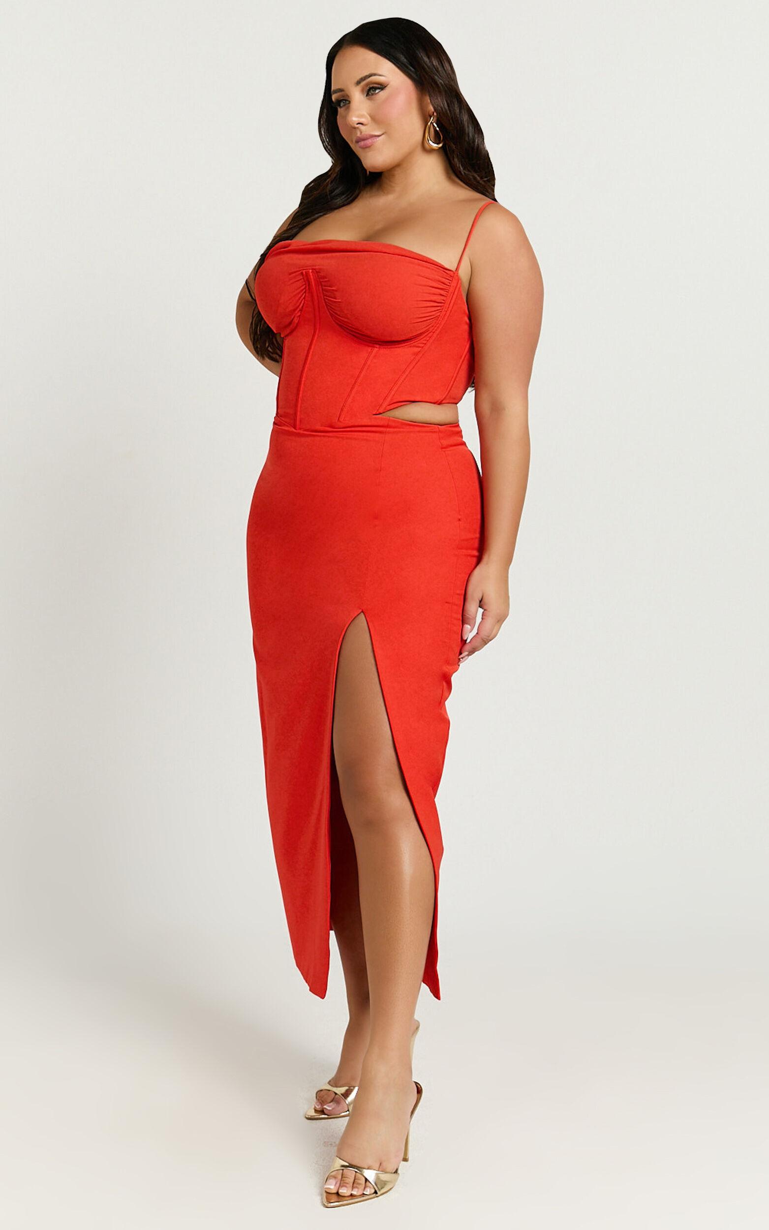 Hayley Midi Dress - Draped Bust Lace Up Back Dress in Red Orange Product Image
