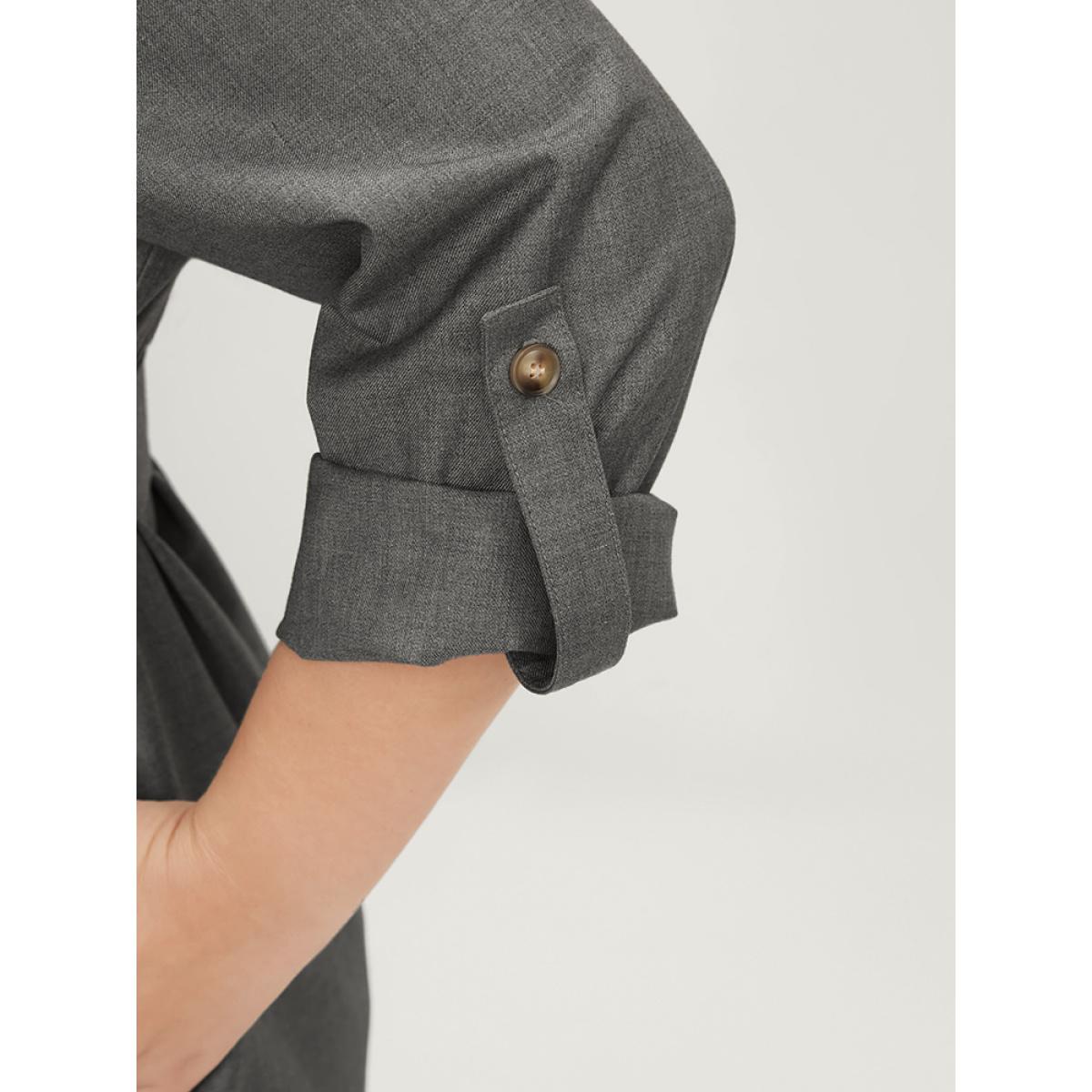 Plus Size Plain Lapel Collar Pocket Roll Sleeve Belted Coat Women Gray Office Pocket Ladies Dailywear Winter Coats BloomChic 14-16/1X Product Image