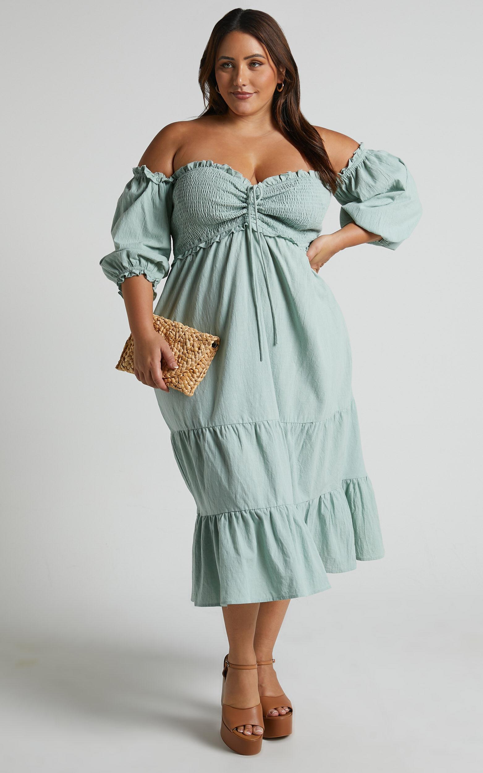 Nikka Midi Linen Blend Dress - Shirred Off Shoulder Puff Sleeve Dress in Sage Product Image