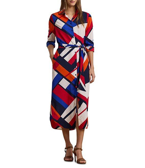 Lauren Ralph Lauren Crepe de Chine Printed Point Collar Long Sleeve Button-Front Self-Tie Waist Midi Shirtdress Product Image