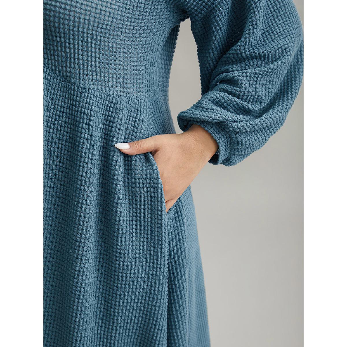 Plus Size Solid Waffle Knit Pocket Lantern Sleeve Dress Aegean Women Casual Texture V-neck Long Sleeve Curvy Midi Dress BloomChic 22-24/3X Product Image