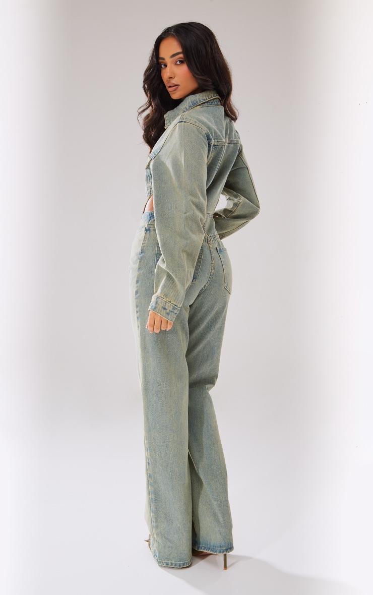 Petite Vintage Wash Denim Cut Out Waist Jumpsuit Product Image