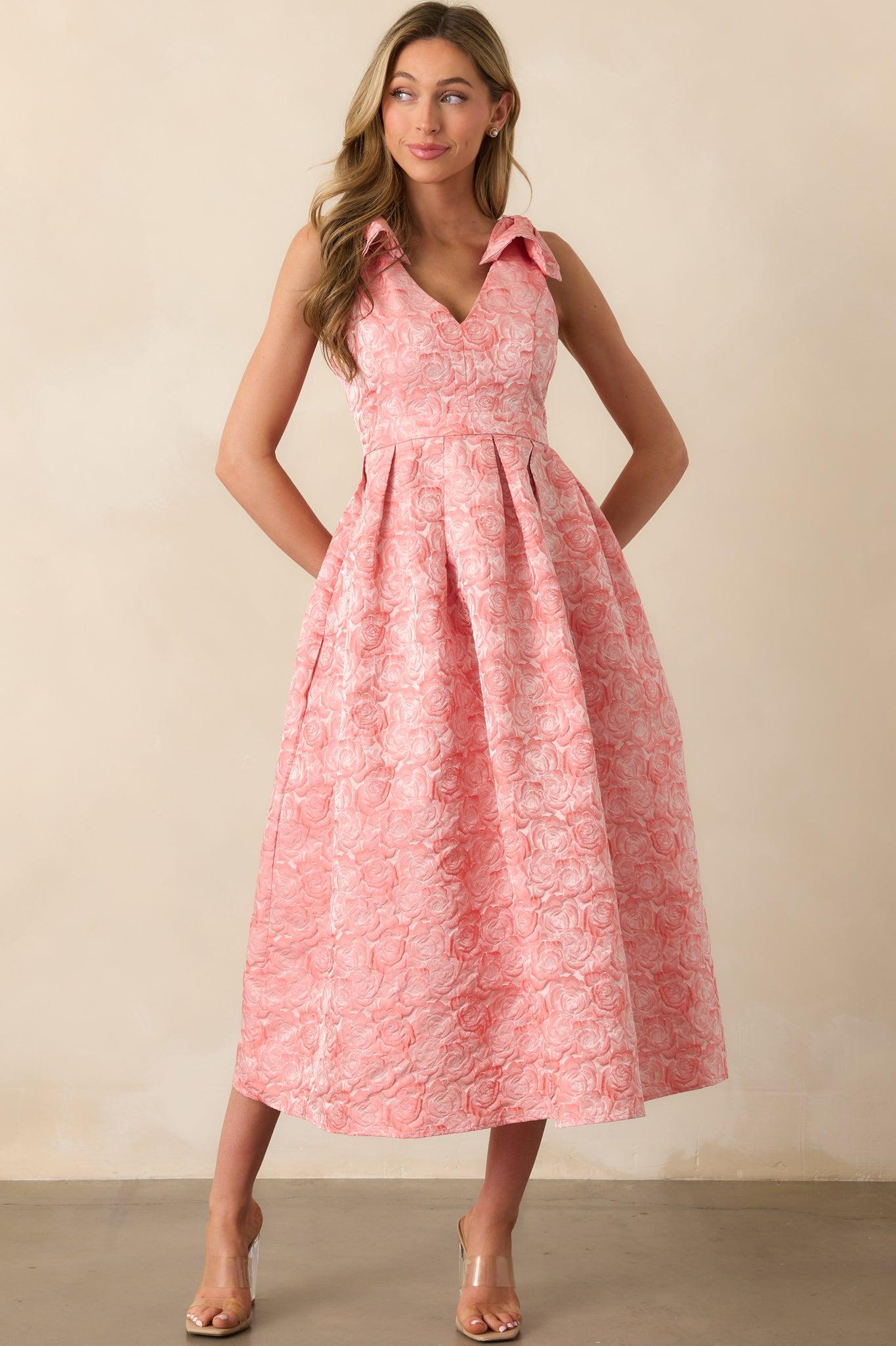 Margaret Pink Coral Floral Jacquard Midi Dress Product Image