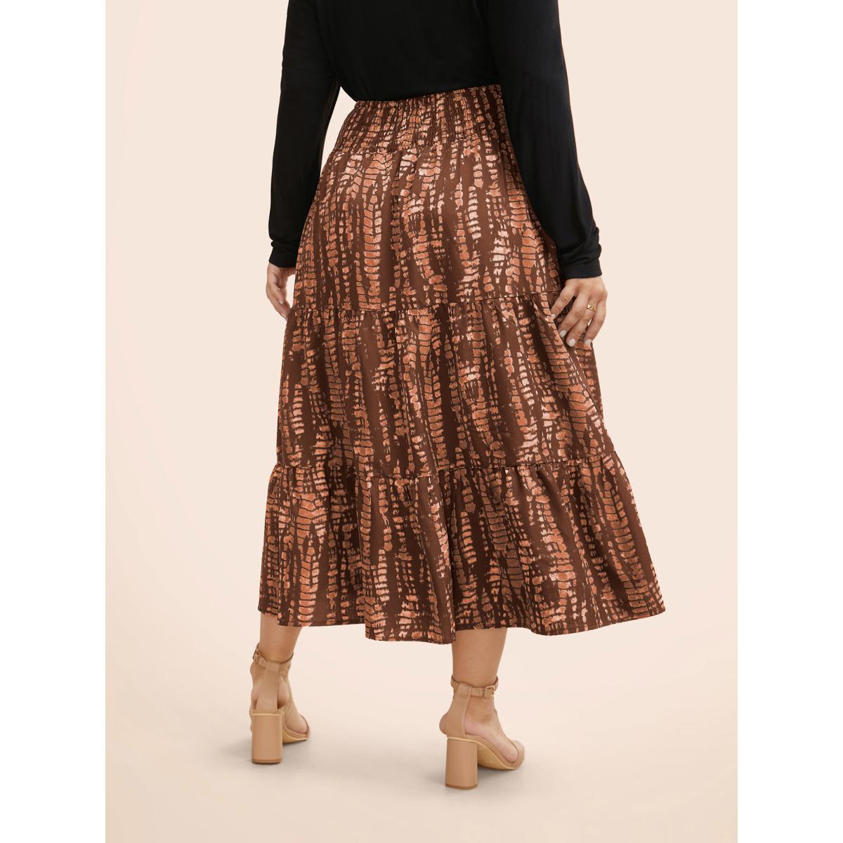 Plus Size Geometric Shirred Ruffle Layered Hem Skirt Women Browncoffeecolor Casual Shirred No stretch Slanted pocket Everyday Skirts BloomChic 28/5X Product Image