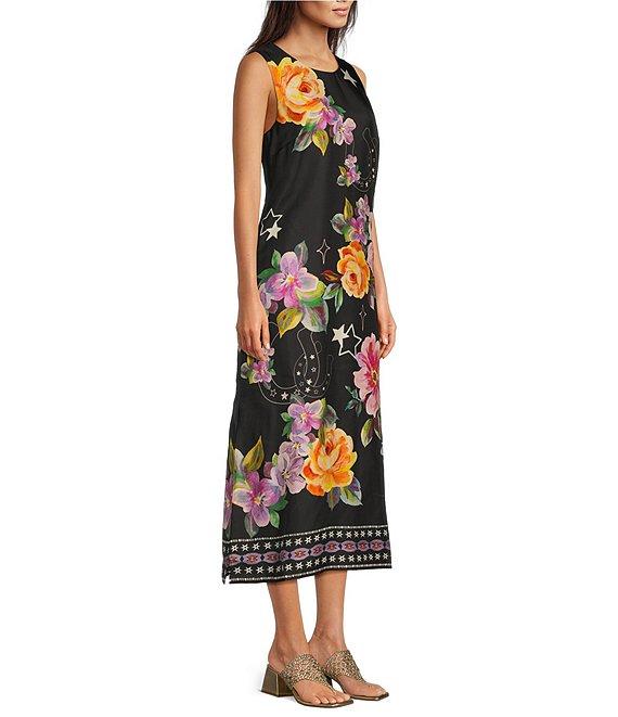 JOHNNY WAS Karolina Placement Floral Border Print Round Neck Sleeveless A-Line Midi Dress Product Image
