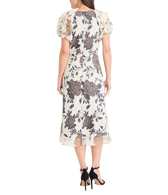 Maggy London Short Puffed Sleeve V-Neck Floral Print Fit And Flare Midi Dress Product Image