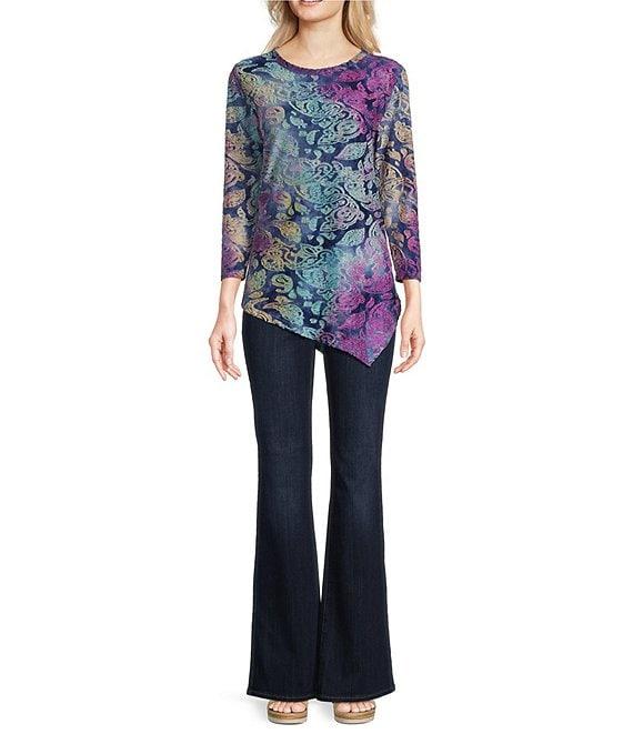 Calessa Petite Size Burnout Knit Tie-Dye Crew Neck 3/4 Sleeve Asymmetrical Hem Tunic Product Image