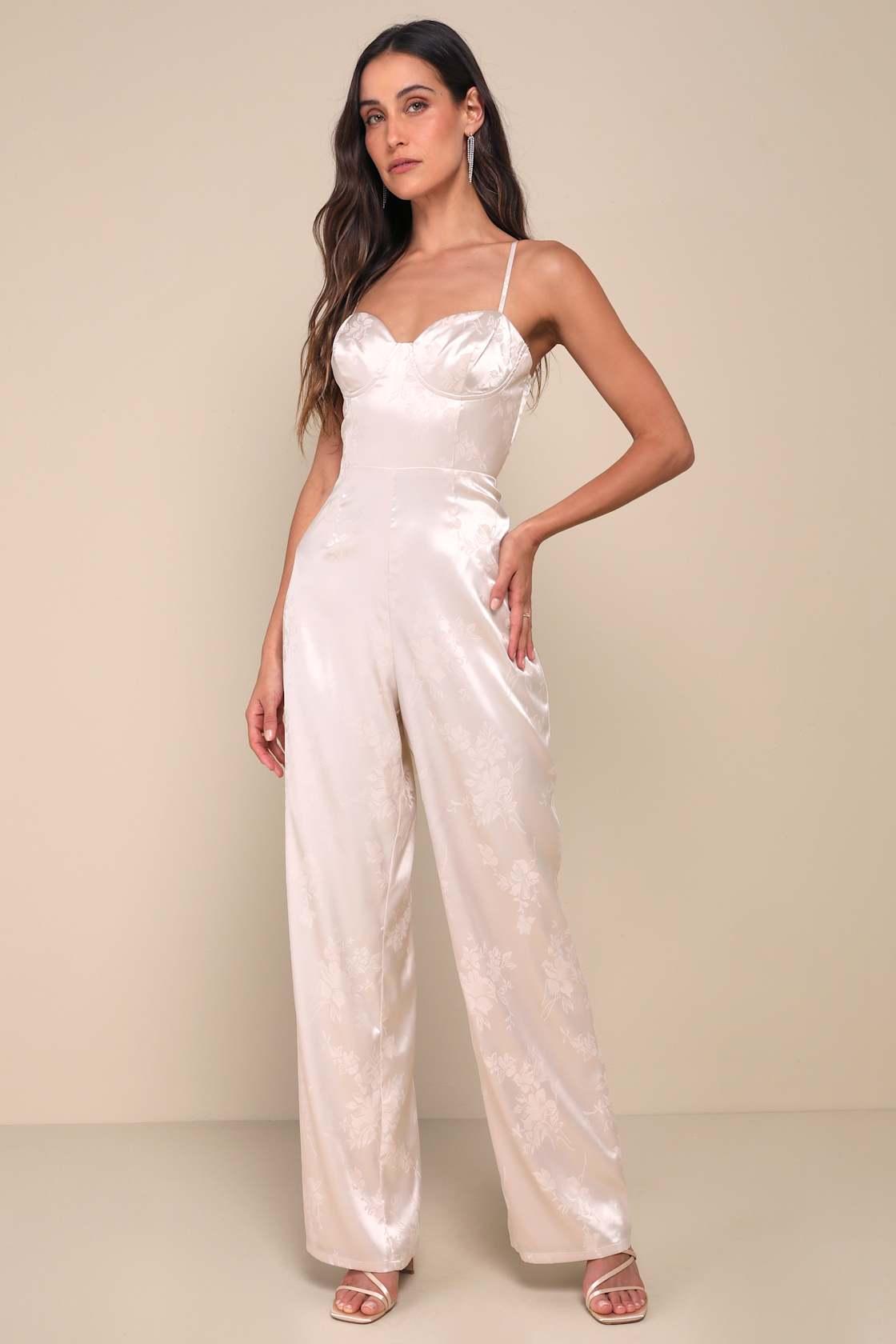 Sincerely Sensational Cream Satin Jacquard Lace-Up Jumpsuit Product Image