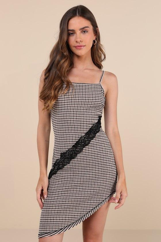 Edgy Delight Beige and Black Gingham Asymmetrical Mini Dress Product Image